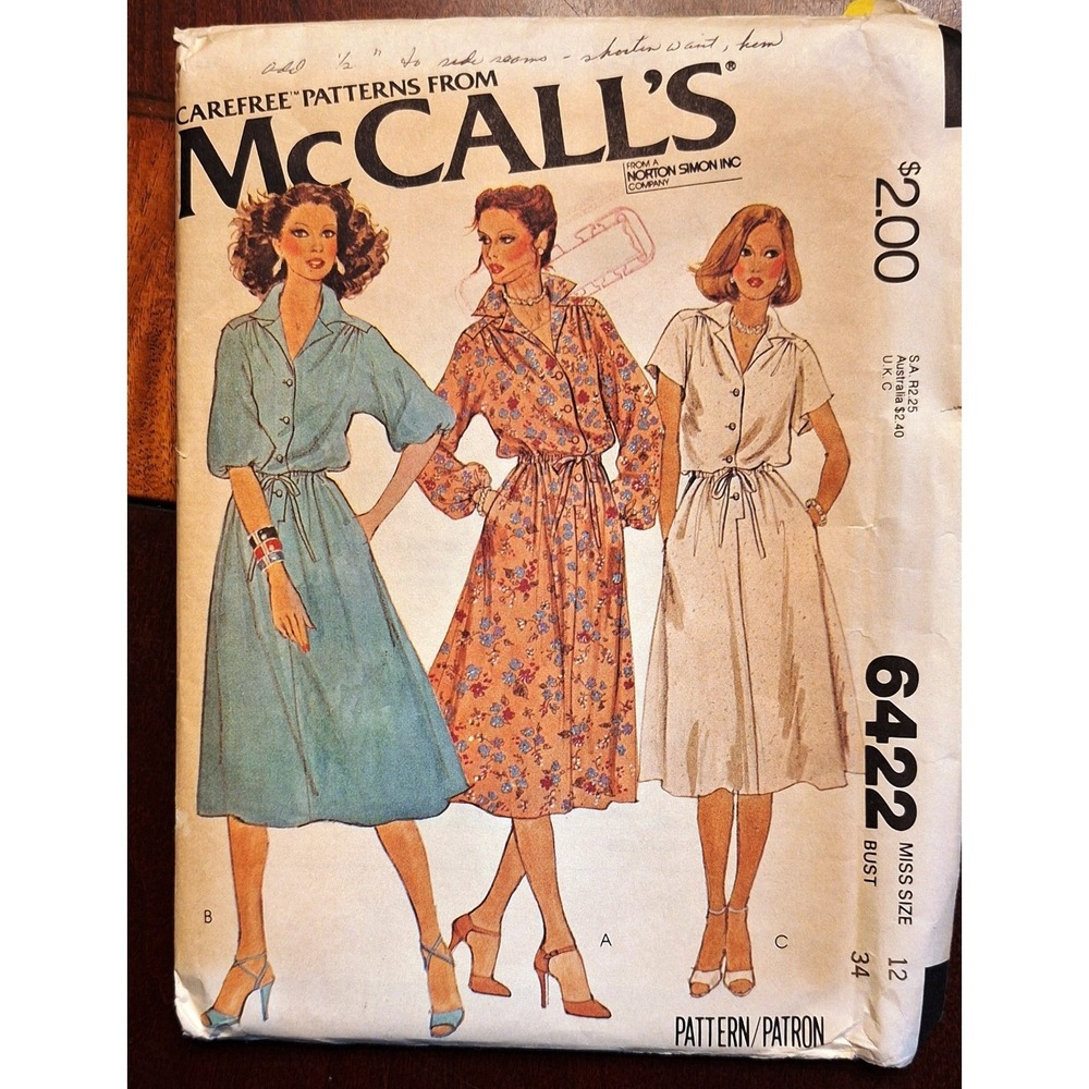 McCalls Carefree Patterns -‎ Miss Size 12 dress pattern #6422